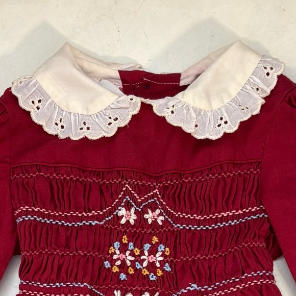 Vintage Polly Flinders Maroon Hand Smocked Dress Cottagecore Victorian Peasant - Picture 7 of 8